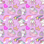 pink, purple, lavender, unicorns, cartoon style, kawaii, cute characters, hearts, rainbows, crowns, donuts, shooting stars, clouds, polka dots, whimsical, fantasy, magical creatures,, fabric panel, seamless pattern, children's motifs, pastel colors, repetitive design