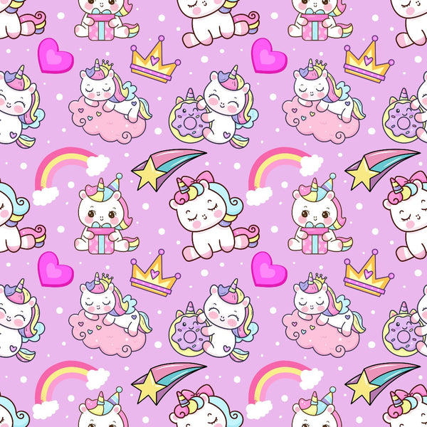 pink, purple, lavender, unicorns, cartoon style, kawaii, cute characters, hearts, rainbows, crowns, donuts, shooting stars, clouds, polka dots, whimsical, fantasy, magical creatures,, fabric panel, seamless pattern, children's motifs, pastel colors, repetitive design