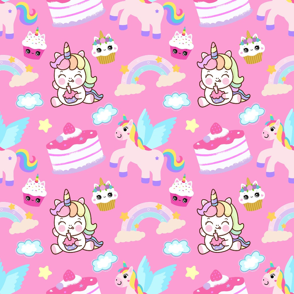 pink background, cartoon unicorns, baby unicorns, pastel colors, rainbow motifs, cupcakes, kawaii style, cute characters, white clouds, yellow stars,, repeating pattern, whimsical design, nursery theme, magical creatures, soft pastels, turquoise accents, layered cake, fairy tale motifs, children's fabric