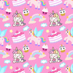 pink background, cartoon unicorns, baby unicorns, pastel colors, rainbow motifs, cupcakes, kawaii style, cute characters, white clouds, yellow stars,, repeating pattern, whimsical design, nursery theme, magical creatures, soft pastels, turquoise accents, layered cake, fairy tale motifs, children's fabric