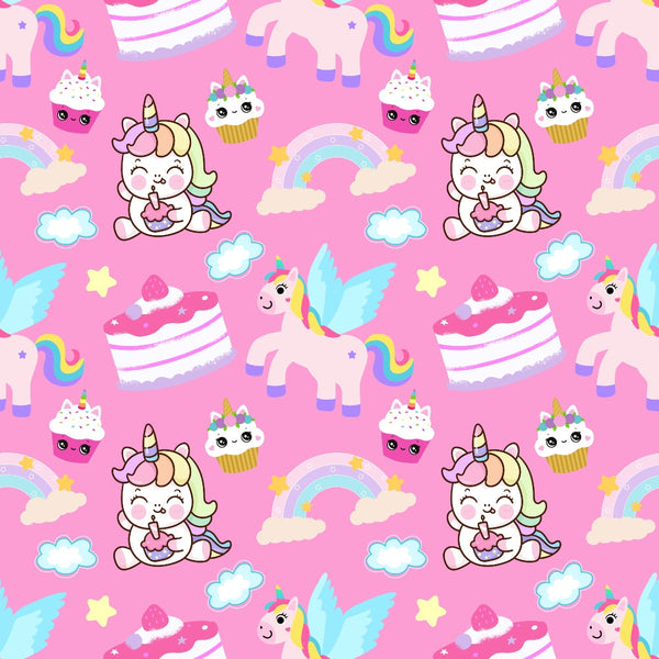 pink background, cartoon unicorns, baby unicorns, pastel colors, rainbow motifs, cupcakes, kawaii style, cute characters, white clouds, yellow stars,, repeating pattern, whimsical design, nursery theme, magical creatures, soft pastels, turquoise accents, layered cake, fairy tale motifs, children's fabric