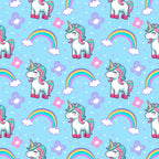 cartoon unicorns,, fabric panel, light blue background, rainbow colors, white clouds, pink flowers, purple flowers, multicolored manes, golden horns, whimsical design, kawaii style, pastel colors, magical creatures, children's fabric, cute animals, fantasy theme, repeating pattern, craft fabric, sewing material