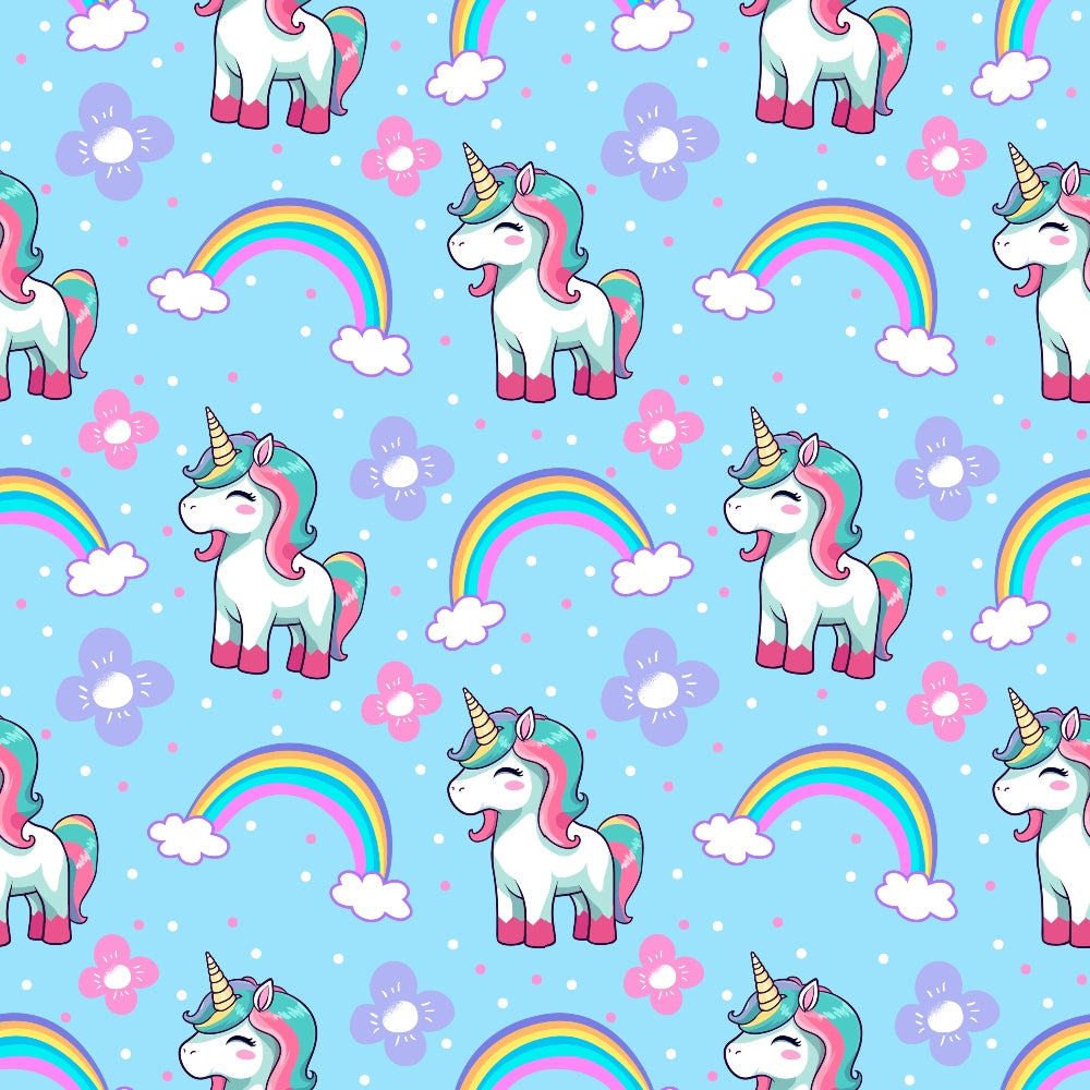 cartoon unicorns,, fabric panel, light blue background, rainbow colors, white clouds, pink flowers, purple flowers, multicolored manes, golden horns, whimsical design, kawaii style, pastel colors, magical creatures, children's fabric, cute animals, fantasy theme, repeating pattern, craft fabric, sewing material