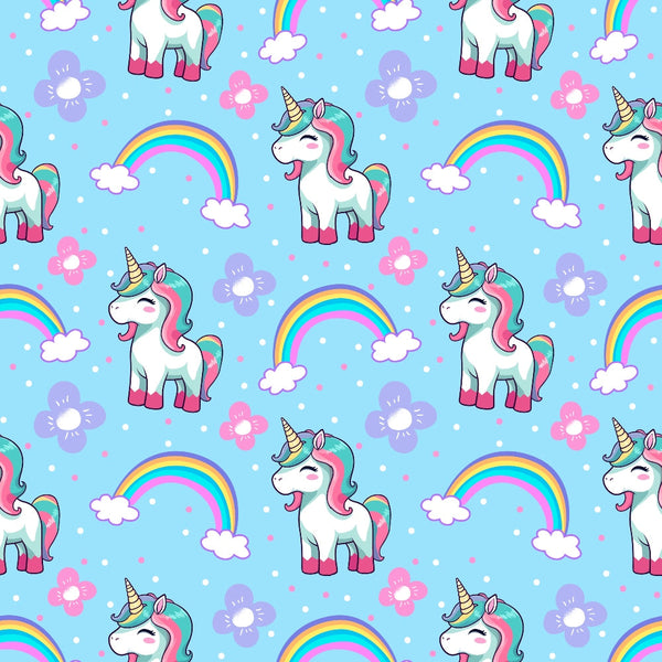 cartoon unicorns,, fabric panel, light blue background, rainbow colors, white clouds, pink flowers, purple flowers, multicolored manes, golden horns, whimsical design, kawaii style, pastel colors, magical creatures, children's fabric, cute animals, fantasy theme, repeating pattern, craft fabric, sewing material