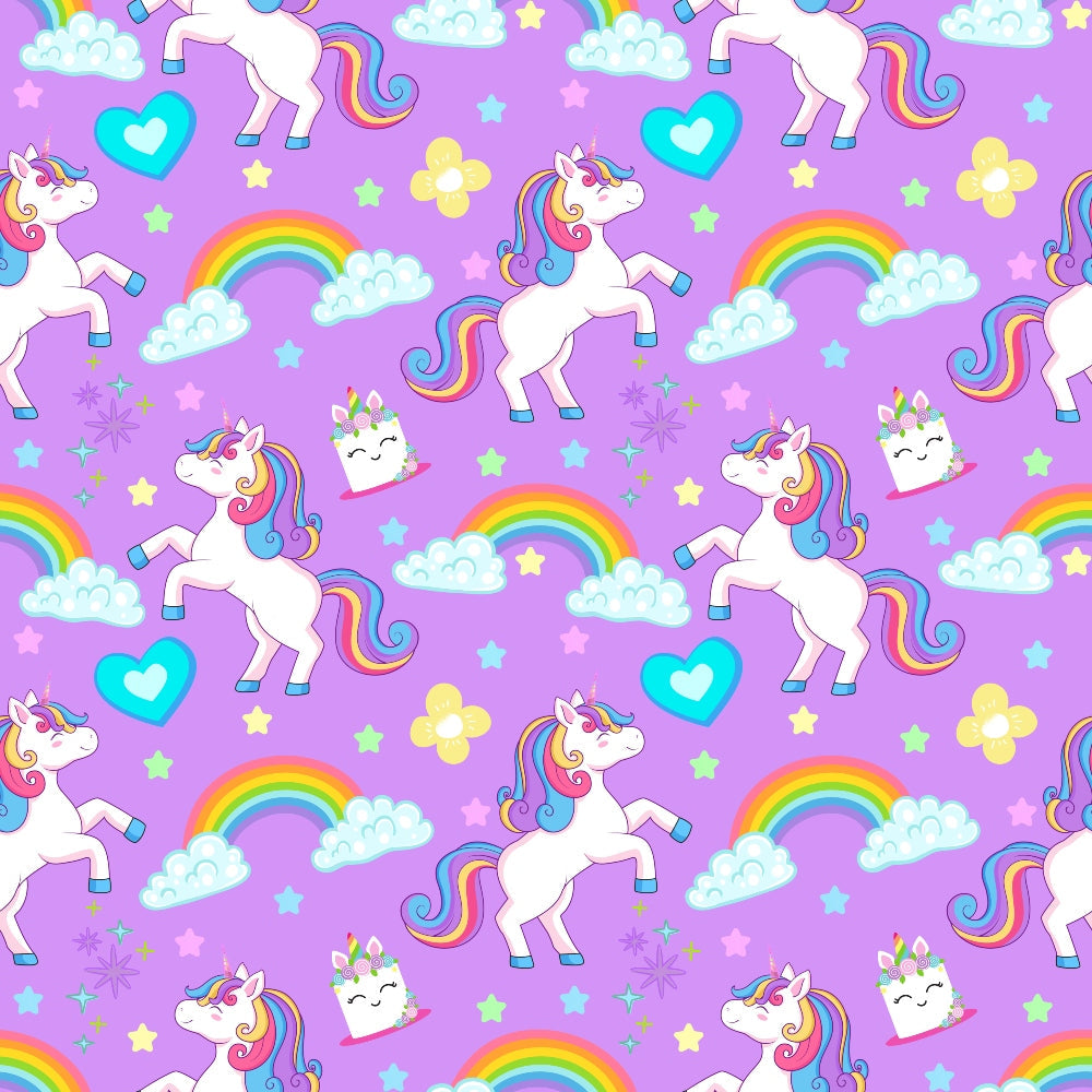 purple background, white unicorns, rainbow manes, colorful rainbows, pastel clouds, heart shapes, star patterns, kawaii style, cute characters, whimsical design, fantasy theme, children's fabric,, repeating pattern, magical creatures, bright colors, playful mood, nursery decor, cartoon illustration, fabric panel