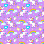 purple background, white unicorns, rainbow manes, colorful rainbows, pastel clouds, heart shapes, star patterns, kawaii style, cute characters, whimsical design, fantasy theme, children's fabric,, repeating pattern, magical creatures, bright colors, playful mood, nursery decor, cartoon illustration, fabric panel