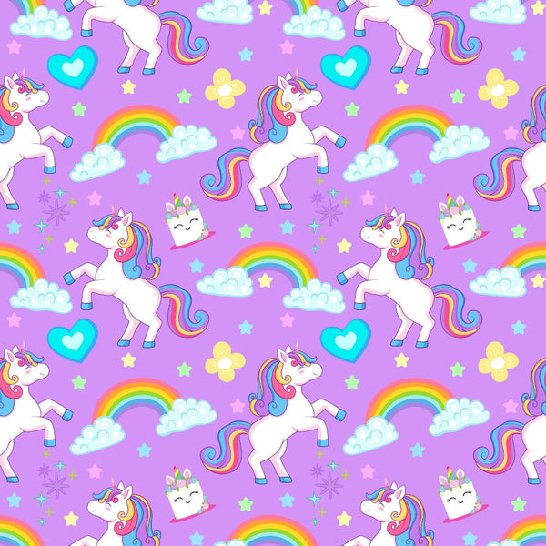 purple background, white unicorns, rainbow manes, colorful rainbows, pastel clouds, heart shapes, star patterns, kawaii style, cute characters, whimsical design, fantasy theme, children's fabric,, repeating pattern, magical creatures, bright colors, playful mood, nursery decor, cartoon illustration, fabric panel