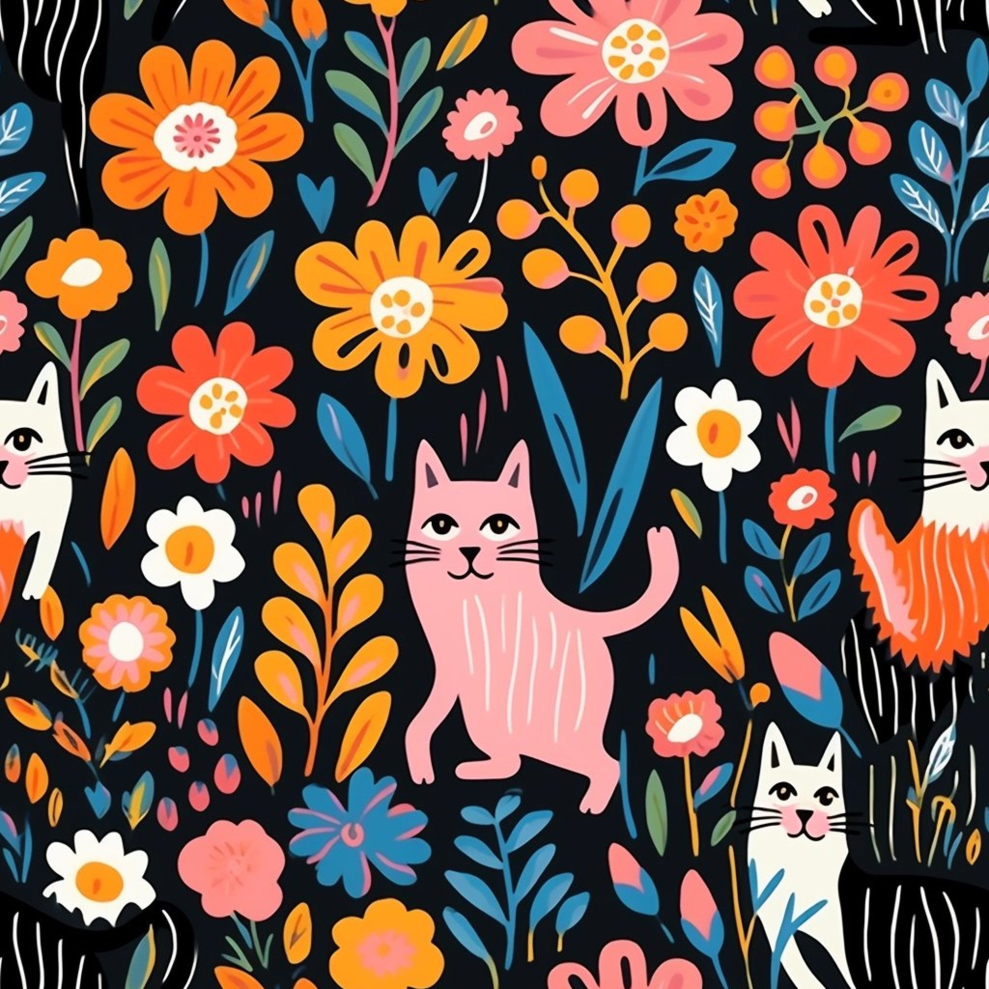Catnip Bloom Whimsical Tabby Cat Pattern 2 Minky Fabric