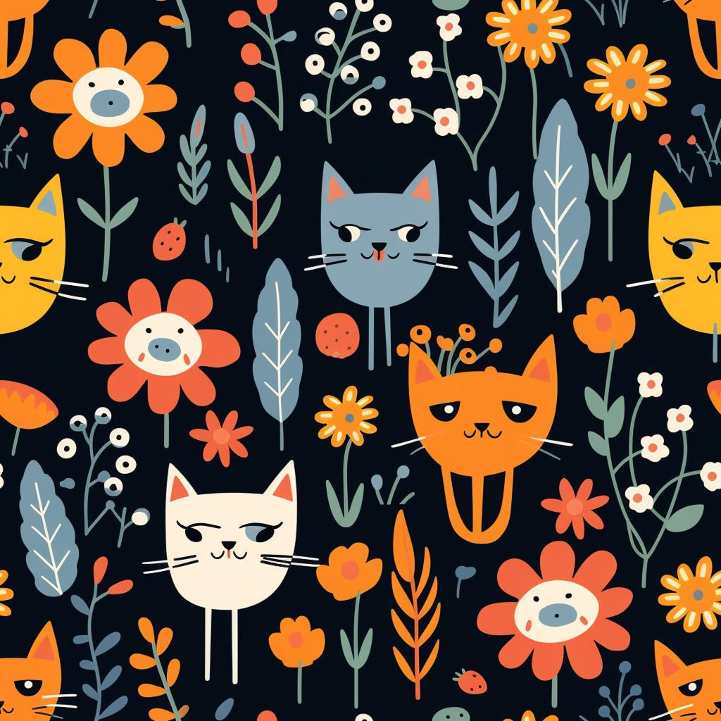 Catnip Bloom Whimsical Tabby Cat Pattern 3 Minky Fabric