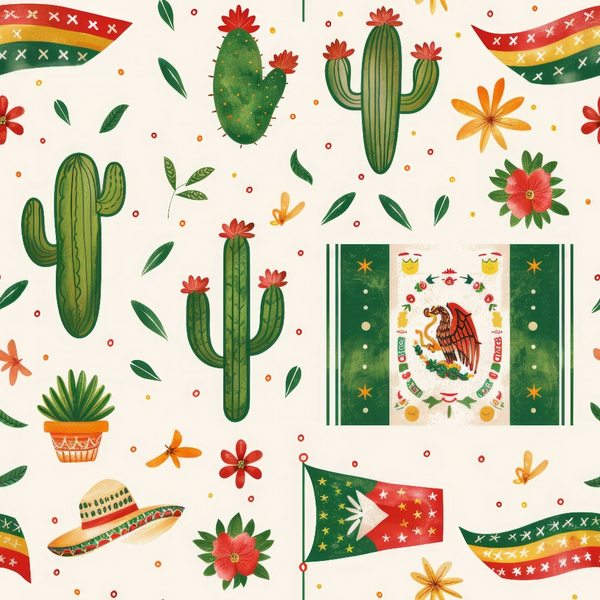 cacti, saguaro, prickly pear, mexican flag, eagle emblem, sombrero, terracotta pot, red flowers, orange blooms, green succulents, cream background, festive banners, desert plants, mexican culture,, fabric panel, colorful pattern, southwestern theme, celebration motifs, decorative elements