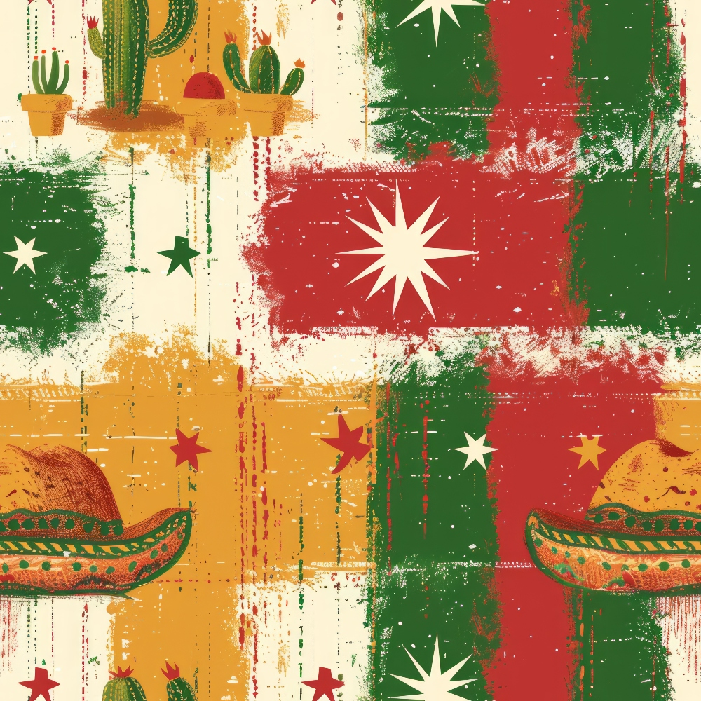 red, green, yellow, orange, white, cacti, sombreros, stars, sunburst, geometric blocks, mexican motifs, distressed texture, vintage style,, fabric panel, desert theme, southwestern design, patchwork squares, grunge effect, festive pattern