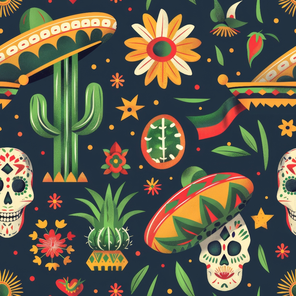 navy blue, orange, green, red, cream, mexican theme, sugar skulls, cacti, sombreros, flowers, geometric patterns, festive motifs, vibrant colors,, fabric panel, cultural celebration, decorative elements, bright florals, southwestern style, day of the dead
