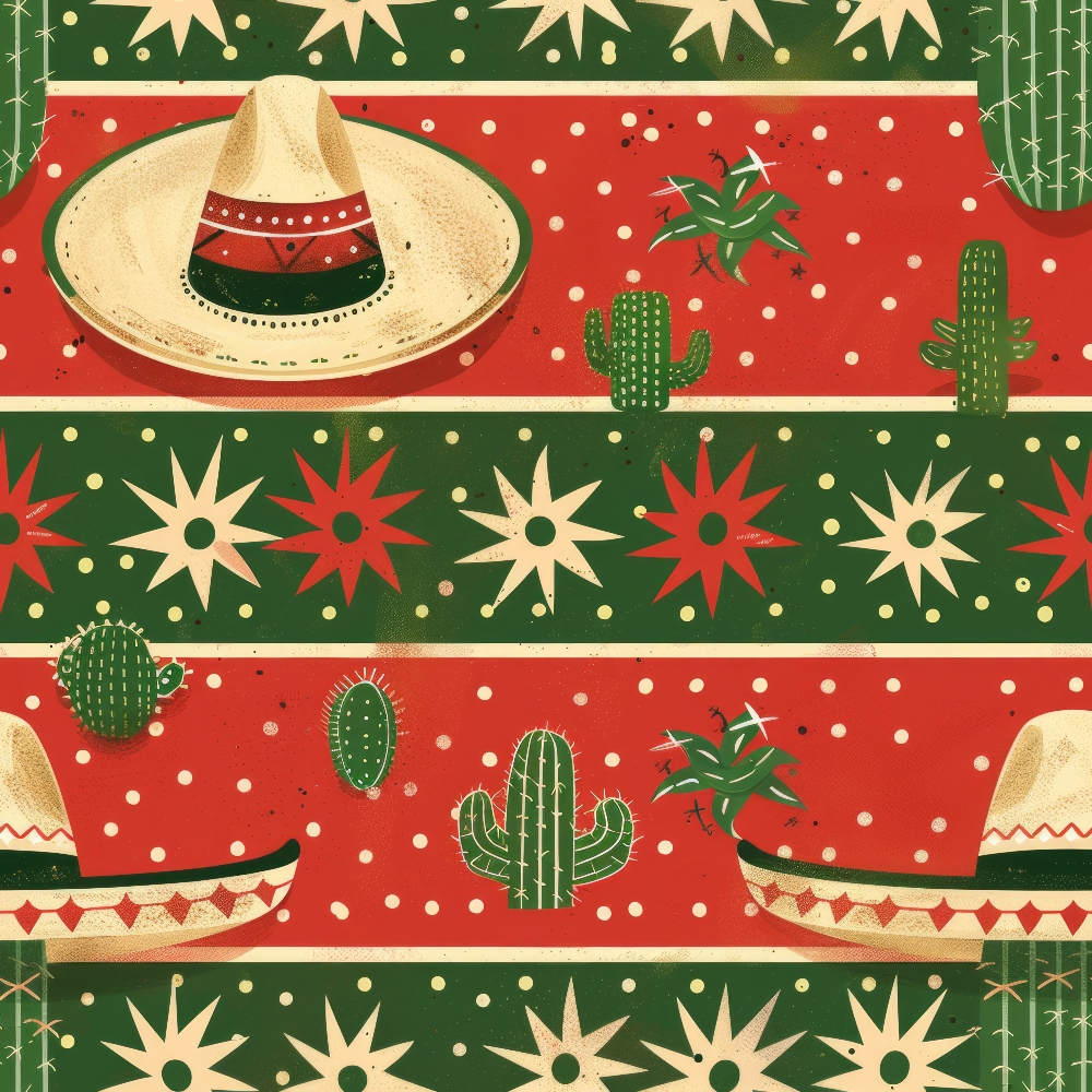 red, green, cream, beige, mexican sombrero, cactus plants, geometric stars, striped pattern, southwest theme,, fabric panel, desert motifs, festive design, cultural celebration, alternating bands, polka dots, tribal patterns, mexican culture, bright colors, decorative borders