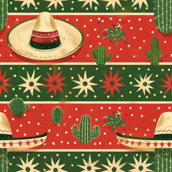 red, green, cream, beige, mexican sombrero, cactus plants, geometric stars, striped pattern, southwest theme,, fabric panel, desert motifs, festive design, cultural celebration, alternating bands, polka dots, tribal patterns, mexican culture, bright colors, decorative borders