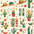 mexican themed, sombreros, cacti, succulents, terra cotta pots, decorative banners, chili peppers, orange flowers, red blooms, green foliage, cream background, watercolor style, festive pattern,, fabric panel, botanical elements, southwestern design, colorful motifs, celebration theme, folk art inspired
