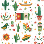 green, orange, red, yellow, white, mexican flag, cacti, sombrero, bird, stars, geometric patterns, folk art, festive, colorful motifs,, fabric panel, southwestern theme, decorative elements, bright colors, cultural symbols