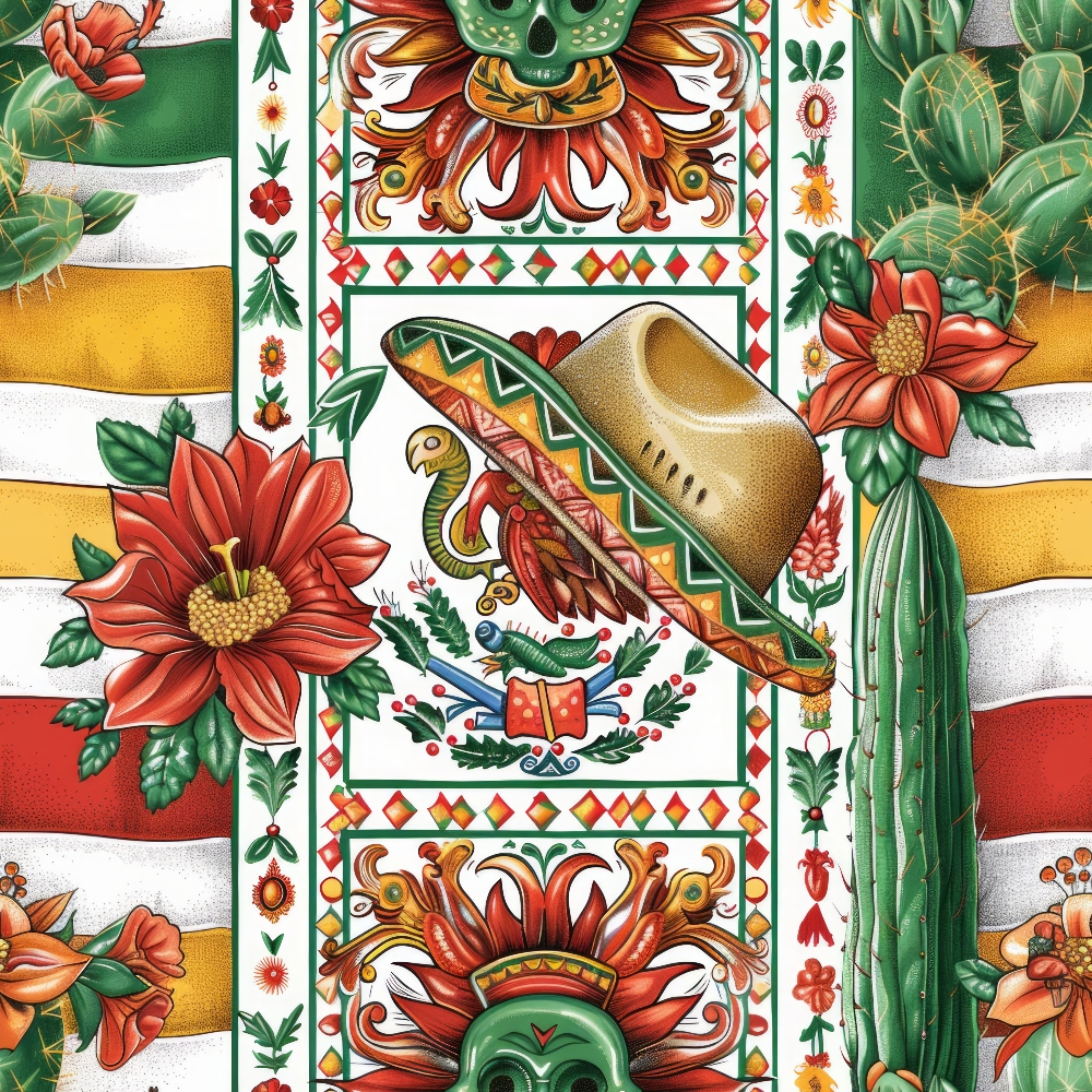 mexican flag, eagle serpent, sombrero hat, red flowers, green cactus, white stripes, yellow gold, geometric borders, skull motifs, tropical blooms,, fabric panel, vibrant colors, folk art, festive celebration, patriotic symbols, desert plants, ornate designs, cultural imagery, bright florals