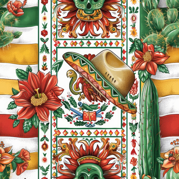 mexican flag, eagle serpent, sombrero hat, red flowers, green cactus, white stripes, yellow gold, geometric borders, skull motifs, tropical blooms,, fabric panel, vibrant colors, folk art, festive celebration, patriotic symbols, desert plants, ornate designs, cultural imagery, bright florals