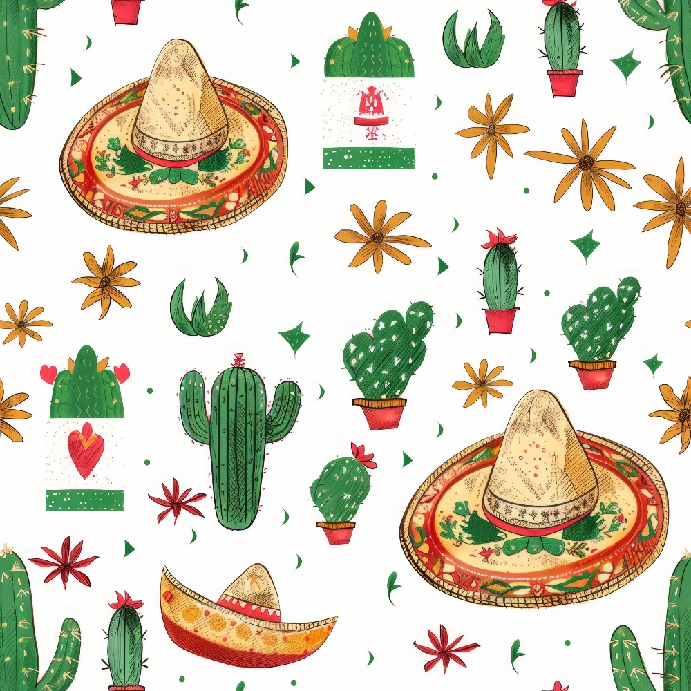 mexican sombreros, green cacti, orange flowers, red accents, beige hats, potted plants, desert theme, southwestern motifs,, fabric panel, fiesta celebration, mexican flag colors, prickly pear cactus, decorative patterns, white background, botanical elements, cultural designs, festive mood, repetitive pattern, crafting material