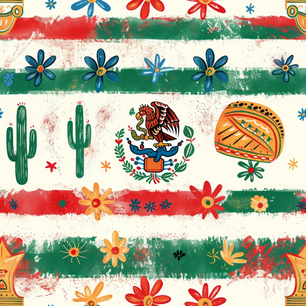 red, green, white, mexican flag colors, eagle emblem, cactus, flowers, floral motifs, painted stripes, brushstroke texture, festive, patriotic, mexican heritage,, fabric panel, colorful blooms, national symbols, celebration theme, folk art style, decorative elements