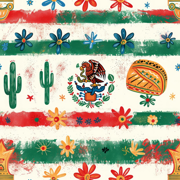 red, green, white, mexican flag colors, eagle emblem, cactus, flowers, floral motifs, painted stripes, brushstroke texture, festive, patriotic, mexican heritage,, fabric panel, colorful blooms, national symbols, celebration theme, folk art style, decorative elements