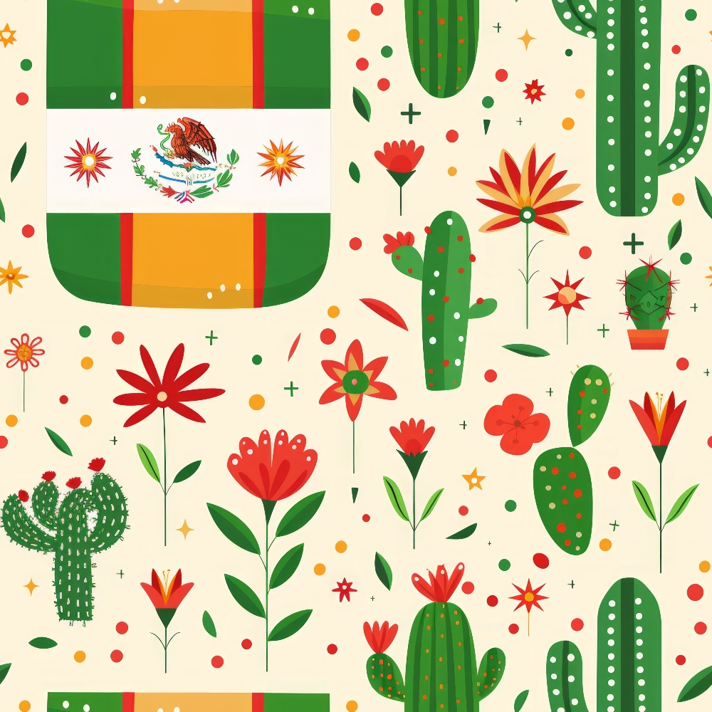 mexican flag, green, red, orange, white, beige, cacti, desert flowers, saguaro cactus, prickly pear, botanical motifs, geometric patterns, folk art style, vibrant colors,, fabric panel, mexico themed, southwestern design, festive pattern, decorative elements