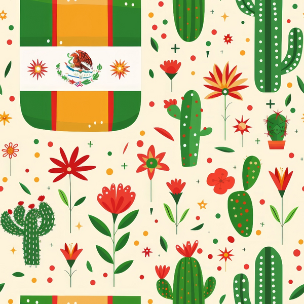 mexican flag, green, red, orange, white, beige, cacti, desert flowers, saguaro cactus, prickly pear, botanical motifs, geometric patterns, folk art style, vibrant colors,, fabric panel, mexico themed, southwestern design, festive pattern, decorative elements