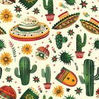mexican themed, sombrero, cactus, desert plants, orange flowers, green cacti, red accents, yellow stars, cream background, southwestern style, folk art, festive pattern,, fabric panel, geometric designs, decorative pottery, cultural motifs, bright colors, repeating pattern, craft fabric