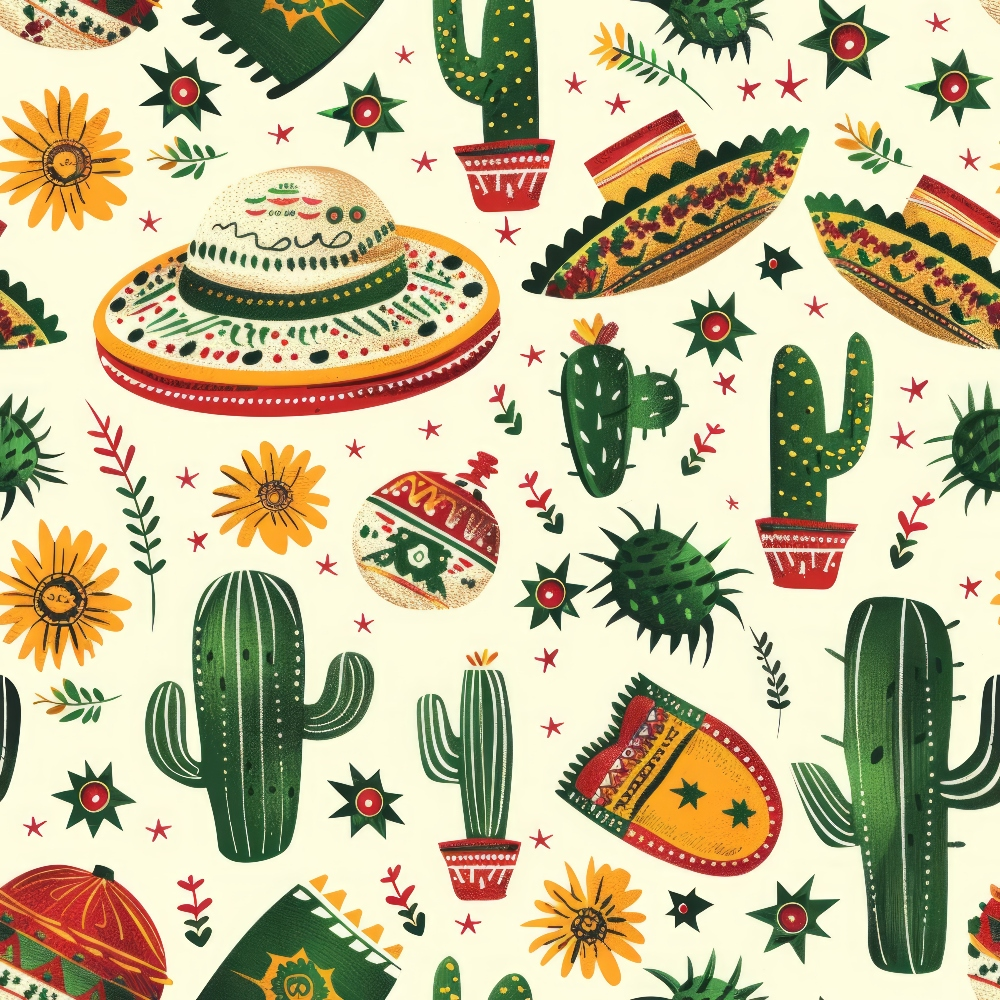 mexican themed, sombrero, cactus, desert plants, orange flowers, green cacti, red accents, yellow stars, cream background, southwestern style, folk art, festive pattern,, fabric panel, geometric designs, decorative pottery, cultural motifs, bright colors, repeating pattern, craft fabric