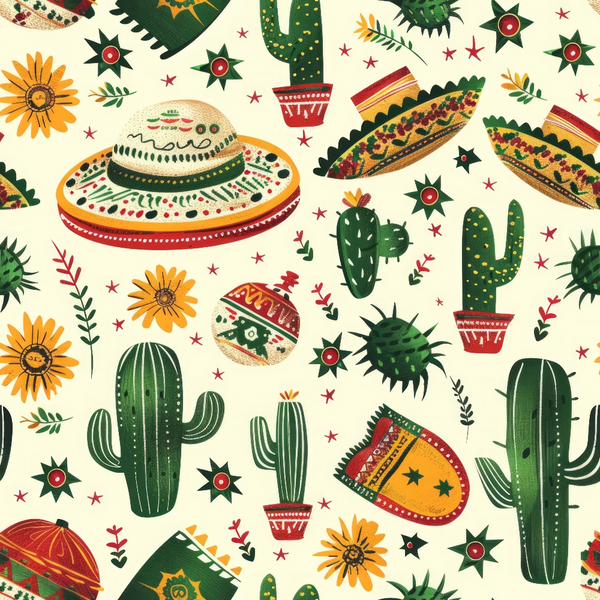 mexican themed, sombrero, cactus, desert plants, orange flowers, green cacti, red accents, yellow stars, cream background, southwestern style, folk art, festive pattern,, fabric panel, geometric designs, decorative pottery, cultural motifs, bright colors, repeating pattern, craft fabric