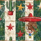 green, red, yellow, brown, white, cactus, stars, eagle, sombrero, mexican flag, distressed texture, vintage style, patriotic, festive, cotton fabric, quilting panel, block pattern, geometric squares, national symbols, cultural motifs