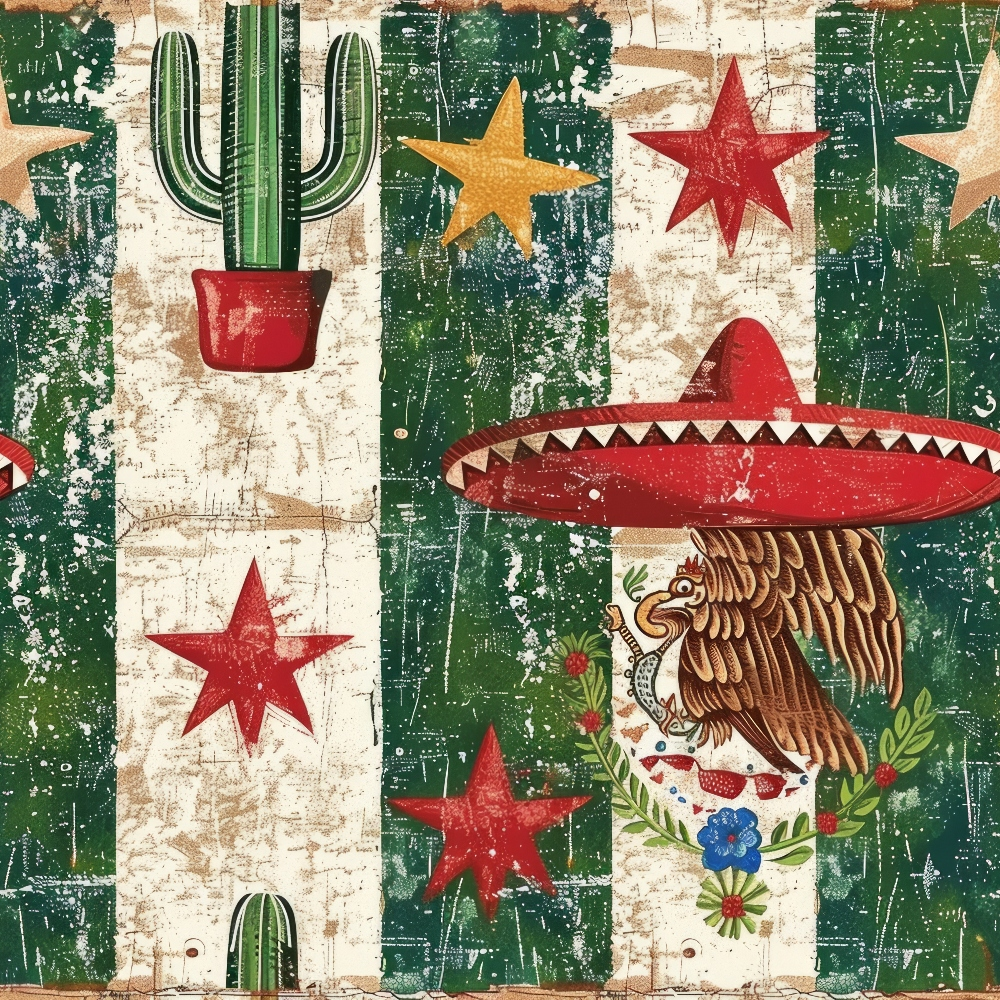 green, red, yellow, brown, white, cactus, stars, eagle, sombrero, mexican flag, distressed texture, vintage style, patriotic, festive, cotton fabric, quilting panel, block pattern, geometric squares, national symbols, cultural motifs