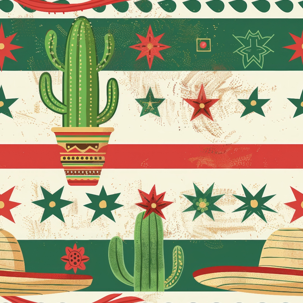 red, green, cream, beige, cactus, desert plants, stars, geometric patterns, mexican motifs, southwestern style, decorative borders, striped patterns, botanical elements, festive design, cultural celebration,, fabric panel, rustic texture, folk art style, holiday theme