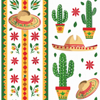 green, red, yellow, orange, mexican sombreros, cactus plants, geometric borders, floral motifs, striped patterns, diamond shapes,, fabric panel, festive design, southwestern style, potted cacti, decorative hats, botanical elements, colorful stripes, folk art style, celebration theme