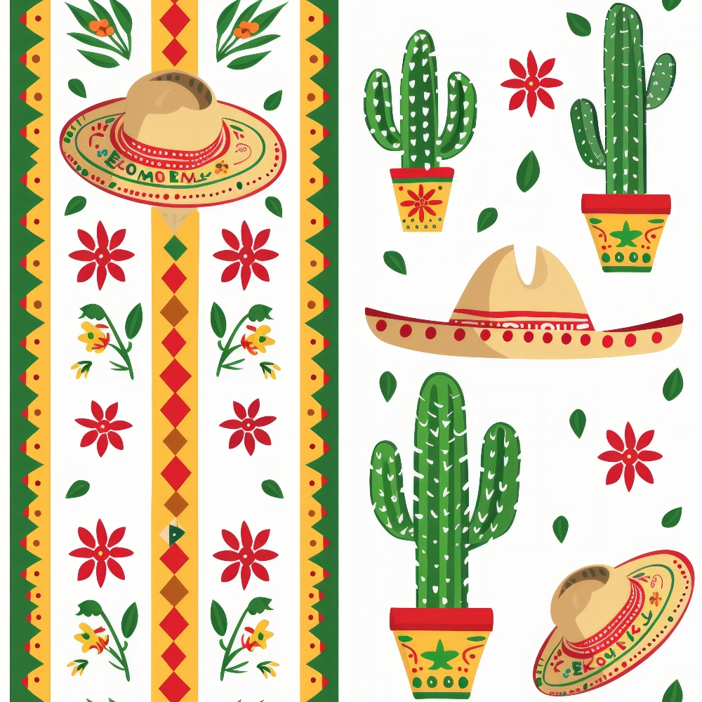 green, red, yellow, orange, mexican sombreros, cactus plants, geometric borders, floral motifs, striped patterns, diamond shapes,, fabric panel, festive design, southwestern style, potted cacti, decorative hats, botanical elements, colorful stripes, folk art style, celebration theme