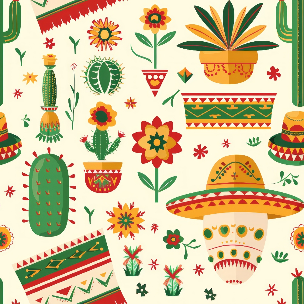 mexican themed, cacti, succulents, sombrero, geometric patterns, tribal designs, potted plants, flowers, red, green, orange, yellow, cream background, folk art style, southwestern, desert plants, decorative pottery,, fabric panel, festive, colorful motifs