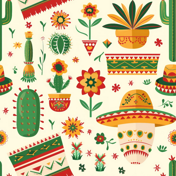 mexican themed, cacti, succulents, sombrero, geometric patterns, tribal designs, potted plants, flowers, red, green, orange, yellow, cream background, folk art style, southwestern, desert plants, decorative pottery,, fabric panel, festive, colorful motifs