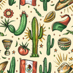 mexican themed, cactus plants, saguaro cactus, pottery vessels, ceramic bowls, mexican flag, red tomato, decorative stars, green foliage, beige background, orange accents, yellow highlights, brown earthtones, repeating pattern, southwestern style, desert motifs, folk art style,, fabric panel, vibrant colors
