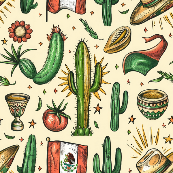 mexican themed, cactus plants, saguaro cactus, pottery vessels, ceramic bowls, mexican flag, red tomato, decorative stars, green foliage, beige background, orange accents, yellow highlights, brown earthtones, repeating pattern, southwestern style, desert motifs, folk art style,, fabric panel, vibrant colors