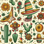 mexican inspired, sombrero, cactus, desert plants, succulents, colorful flowers, geometric patterns, green, orange, red, yellow, cream background, folk art style, festive design,, fabric panel, southwestern theme, decorative elements, floral blooms