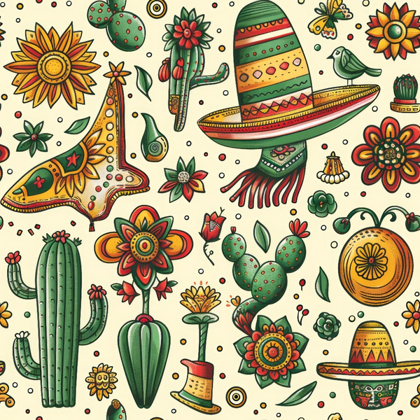 mexican inspired, sombrero, cactus, desert plants, succulents, colorful flowers, geometric patterns, green, orange, red, yellow, cream background, folk art style, festive design,, fabric panel, southwestern theme, decorative elements, floral blooms
