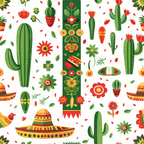 mexican motifs, cactus plants, sombreros, bright florals, green cacti, red flowers, orange accents, yellow details, festive pattern, desert plants, folk art style, repeating design,, fabric panel, botanical elements, cultural celebration, vibrant colors, southwestern theme, decorative flowers, scattered leaves