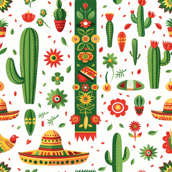 mexican motifs, cactus plants, sombreros, bright florals, green cacti, red flowers, orange accents, yellow details, festive pattern, desert plants, folk art style, repeating design,, fabric panel, botanical elements, cultural celebration, vibrant colors, southwestern theme, decorative flowers, scattered leaves