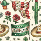 mexican flag, sombrero hats, green cactus, red flowers, desert plants, southwestern motifs, patriotic symbols, stars and stripes, botanical elements, terracotta pots,, fabric panel, red white green, vintage illustration, cultural celebration, desert theme, succulent plants, decorative banners, mexican heritage, folk art style