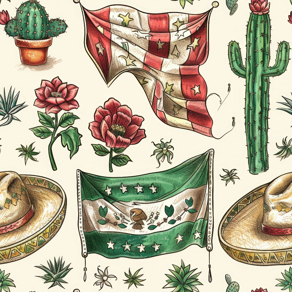 mexican flag, sombrero hats, green cactus, red flowers, desert plants, southwestern motifs, patriotic symbols, stars and stripes, botanical elements, terracotta pots,, fabric panel, red white green, vintage illustration, cultural celebration, desert theme, succulent plants, decorative banners, mexican heritage, folk art style