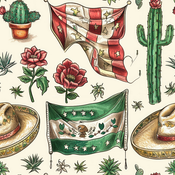 mexican flag, sombrero hats, green cactus, red flowers, desert plants, southwestern motifs, patriotic symbols, stars and stripes, botanical elements, terracotta pots,, fabric panel, red white green, vintage illustration, cultural celebration, desert theme, succulent plants, decorative banners, mexican heritage, folk art style