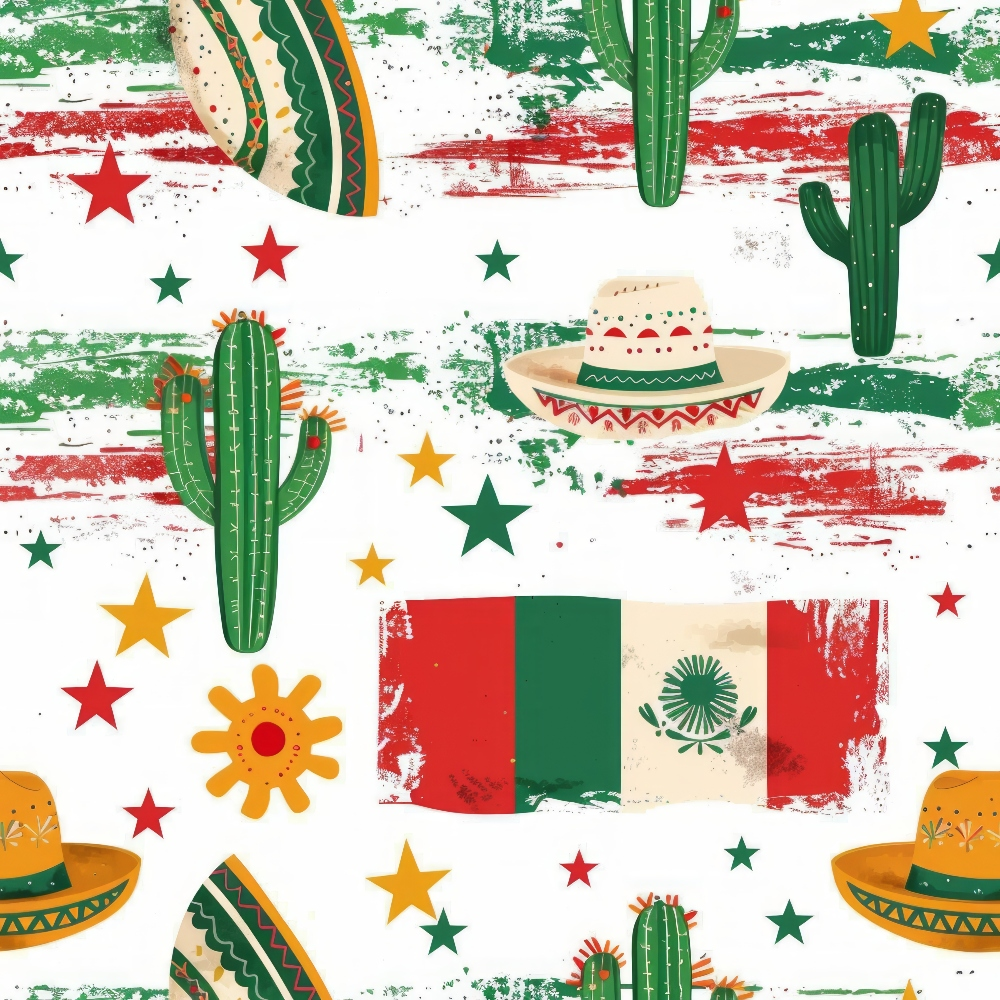mexican flag, sombrero hats, cactus plants, red stripes, green stripes, white background, colorful stars, yellow stars, red stars, green stars,, fabric panel, festive pattern, mexico theme, desert motifs, weathered texture, patriotic colors, celebration design, southwestern style, distressed effect