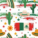 mexican flag, sombrero hats, cactus plants, red stripes, green stripes, white background, colorful stars, yellow stars, red stars, green stars,, fabric panel, festive pattern, mexico theme, desert motifs, weathered texture, patriotic colors, celebration design, southwestern style, distressed effect