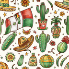 mexican flag, cacti, sombreros, terracotta, forest green, golden yellow, orange flowers, red accents, geometric pottery, desert plants, folk art style, cultural motifs, festive pattern,, fabric panel, southwestern theme, tribal designs, decorative vessels, artistic illustration, vibrant colors