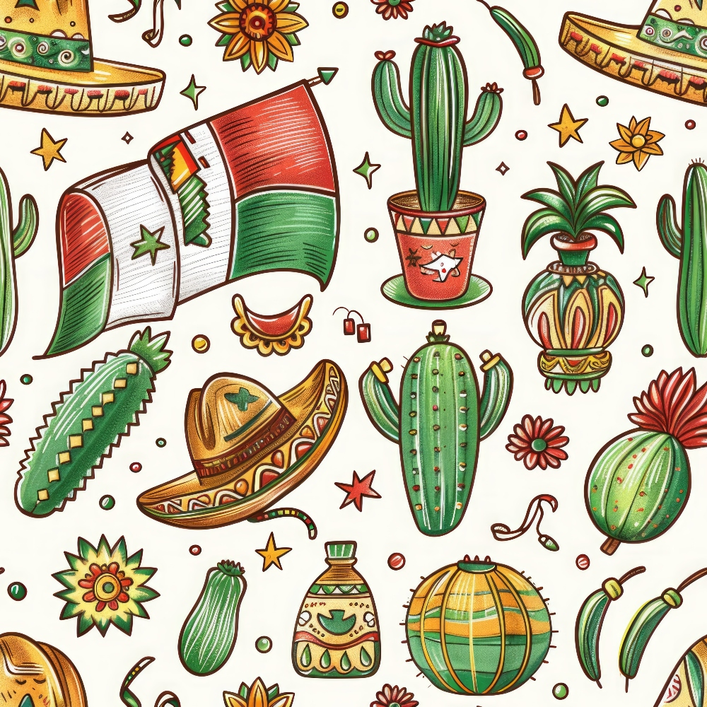mexican flag, cacti, sombreros, terracotta, forest green, golden yellow, orange flowers, red accents, geometric pottery, desert plants, folk art style, cultural motifs, festive pattern,, fabric panel, southwestern theme, tribal designs, decorative vessels, artistic illustration, vibrant colors